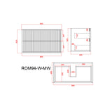 Technical drawing of a wall hung vanity product with dimensions labeled, featuring the code ROM94-W-MW.