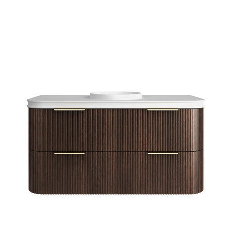 Bathroom vanity with wooden finish and white countertop on a white background