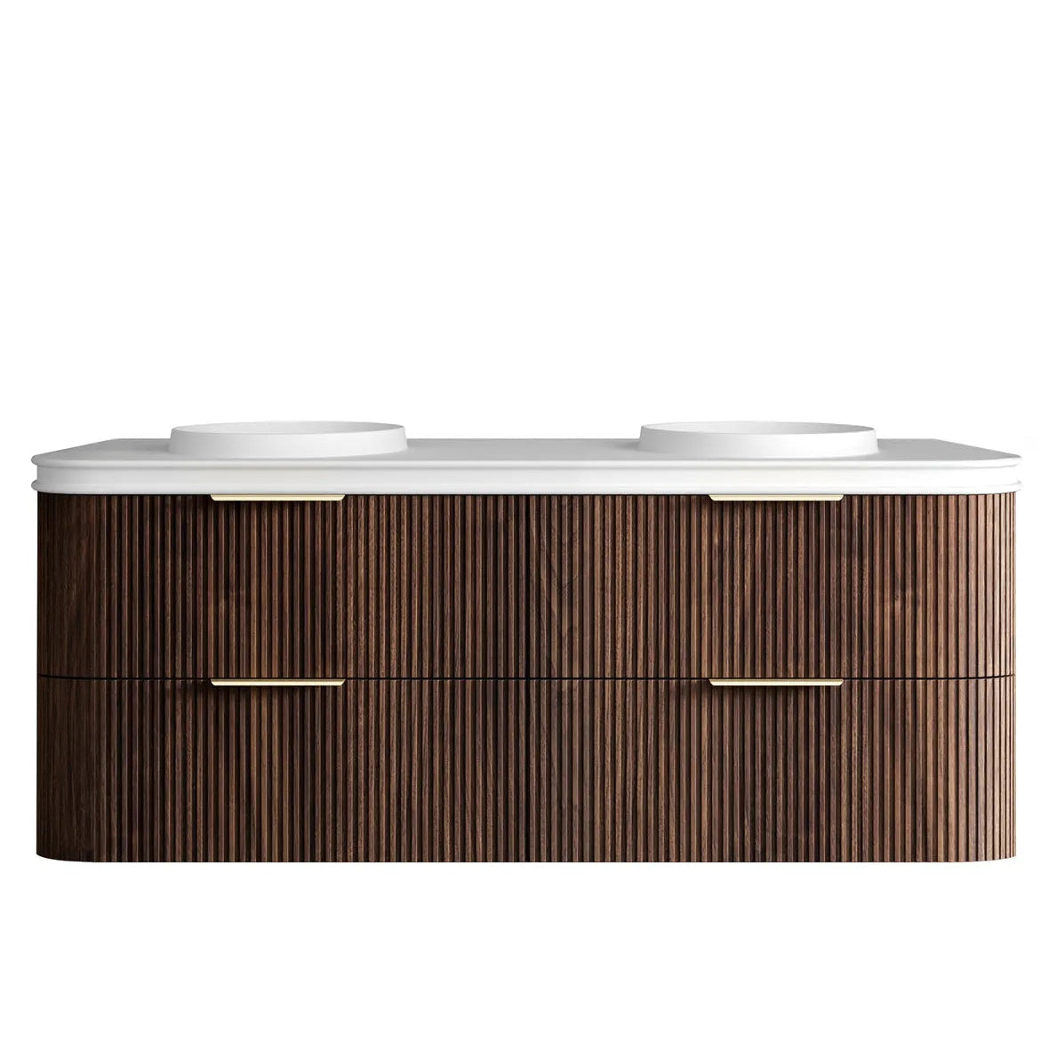 Wooden bathroom vanity with white countertop on a white background