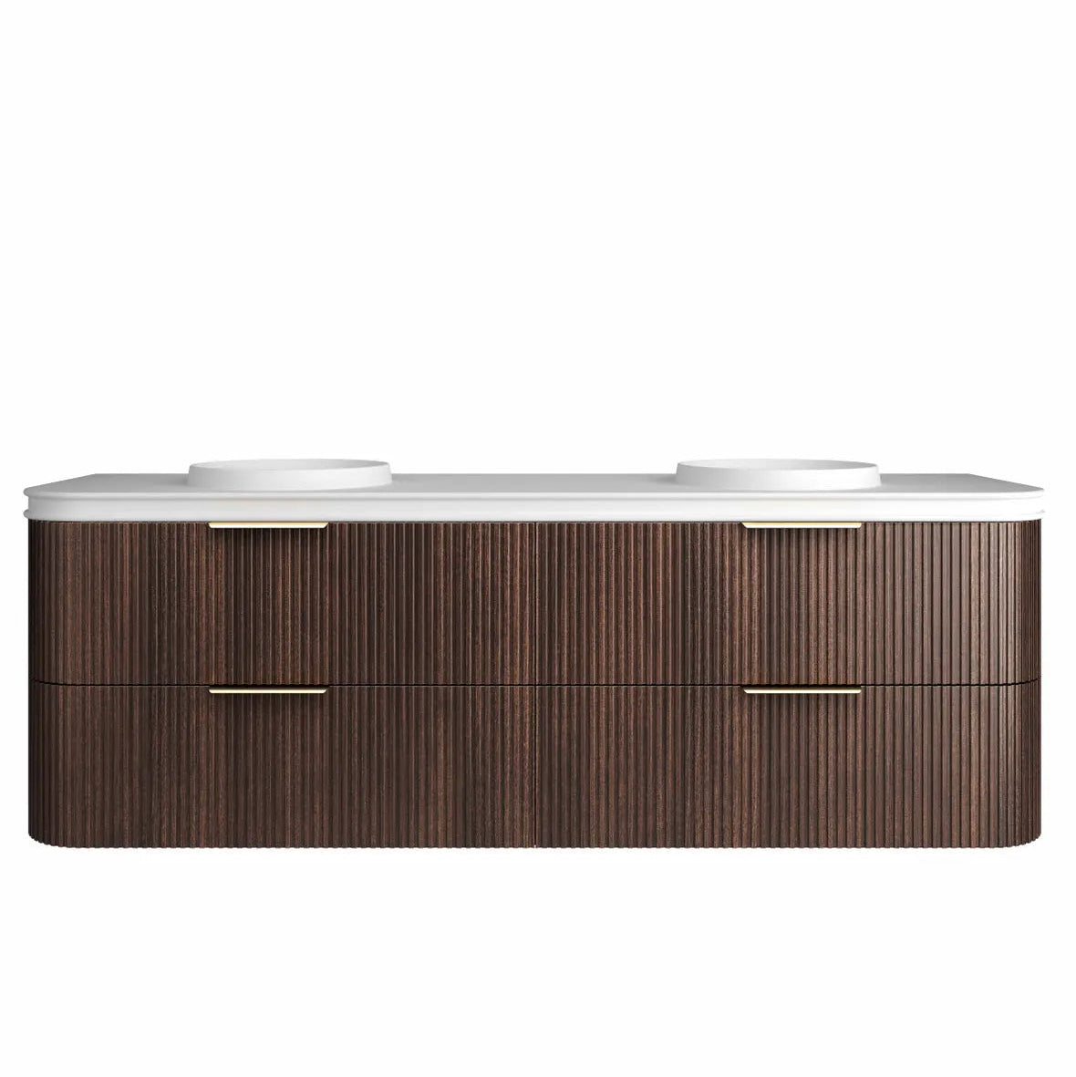 Bathroom vanity with wooden finish and white countertop on a white background