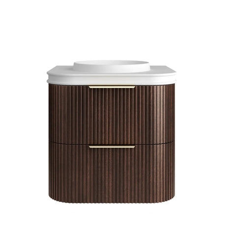 Wooden vanity with white countertop on a white background