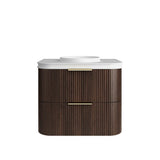 Bathroom vanity with wooden finish and white countertop on a white background