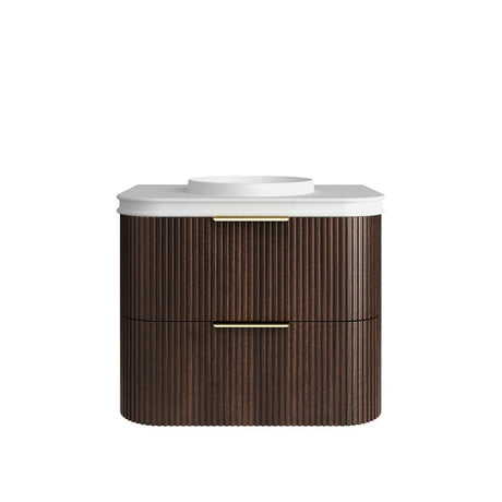 Bathroom vanity with wooden finish and white countertop on a white background