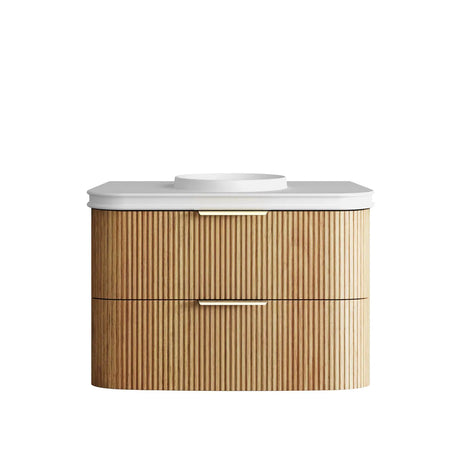 Wooden bathroom vanity with white countertop on a white background