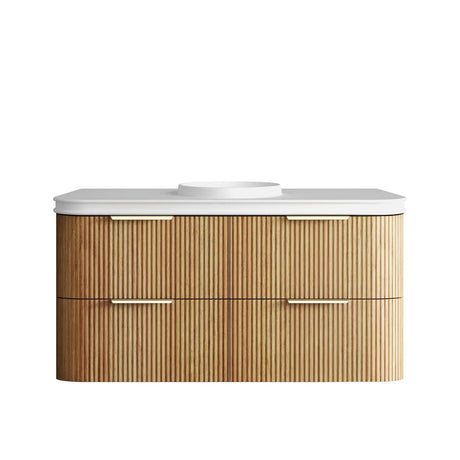 Bathroom vanity with wooden finish and white countertop on a white background