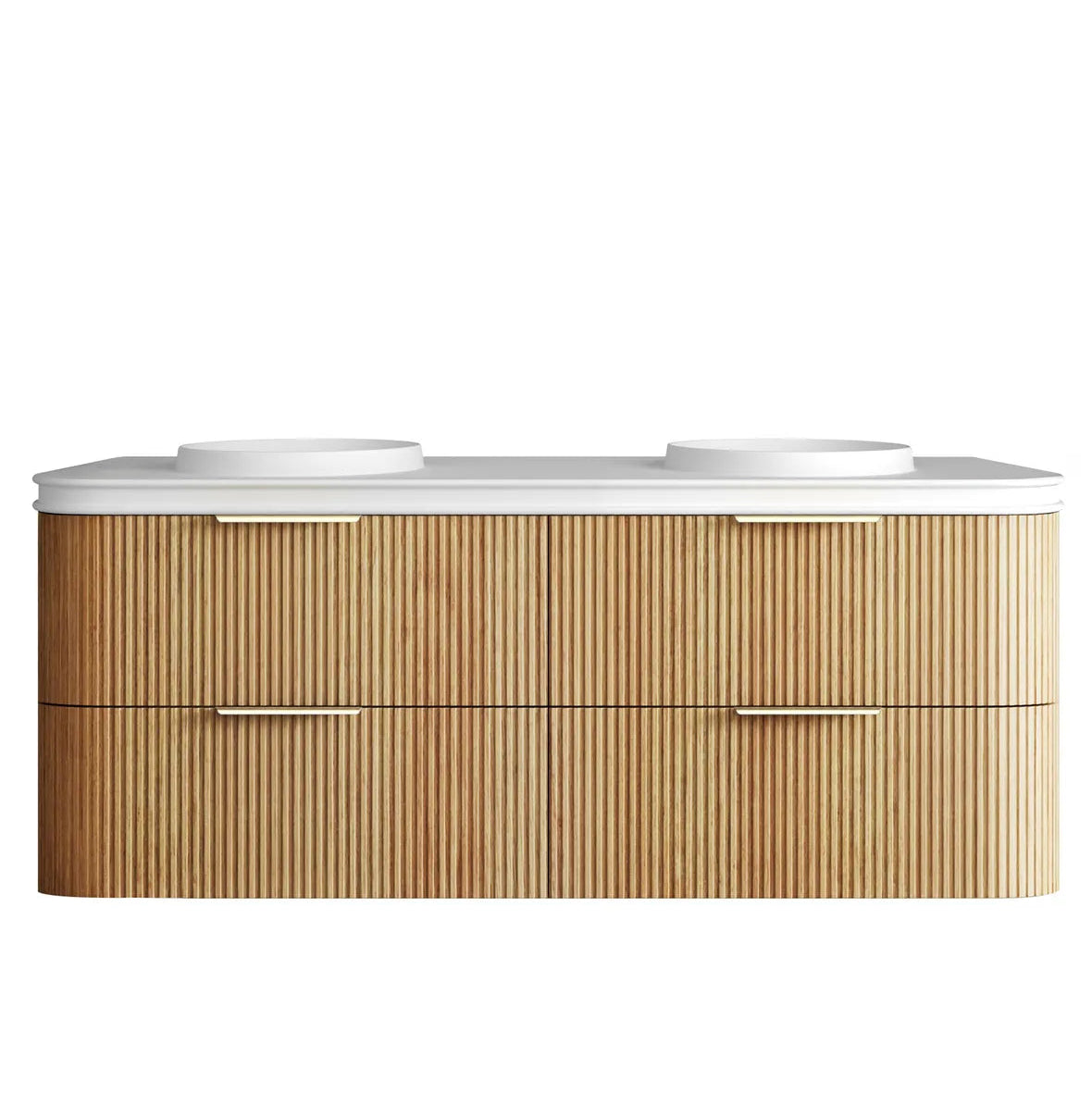 Bathroom vanity with wooden finish and white countertop on a white background