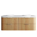 Bathroom vanity with wooden finish and white countertop on a white background