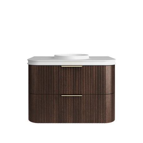 Bathroom vanity with wooden finish and white countertop on a white background