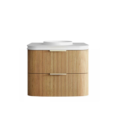 Wooden vanity with white countertop on a white background