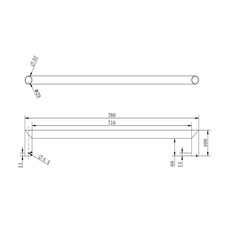 Technical drawing of a round horizontal towel rack with dimensions
