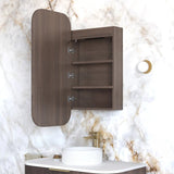Wooden wall-mounted cabinet with open door against a marble wall.