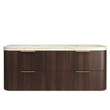Wooden vanity with marble countertop on a white background