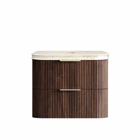 Wooden side table with marble top on a white background