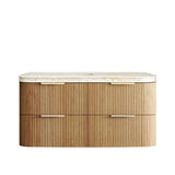 Wooden cabinet with marble top on a white background