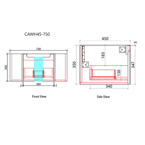 Technical drawing with dimensions of a product labeled CAWH45-750 on a white background.