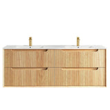 Wooden bathroom vanity with white countertop and gold fixtures on a white background