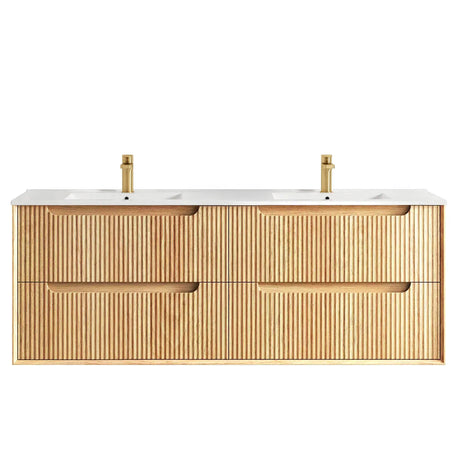 Wooden bathroom vanity with white countertop and gold fixtures on a white background