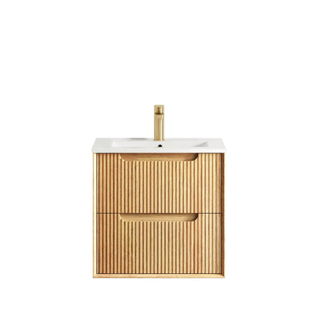 Wooden bathroom vanity with white countertop and gold faucet on a white background