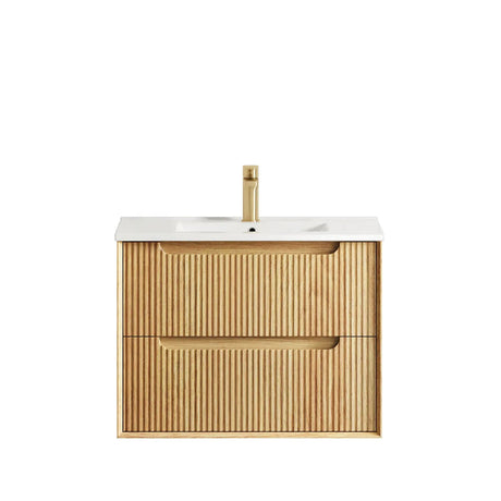 Bathroom vanity with wooden finish and white countertop on a white background