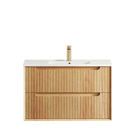 Wooden bathroom vanity with white countertop and gold faucet on a white background