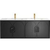 Bathroom vanity with black front panel and white countertop on a white background