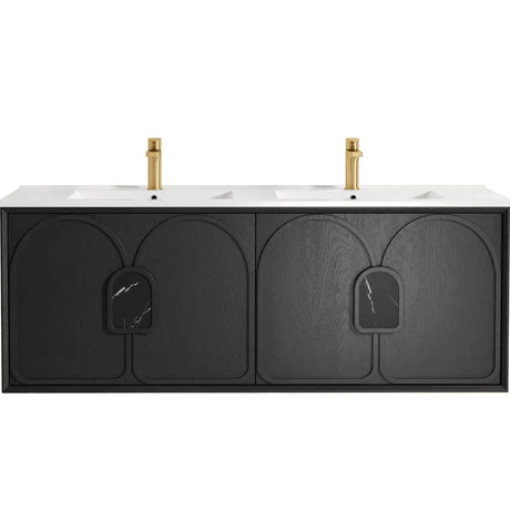 Bathroom vanity with black front panel and white countertop on a white background