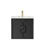 Black bathroom vanity with white countertop and gold faucet on a white background