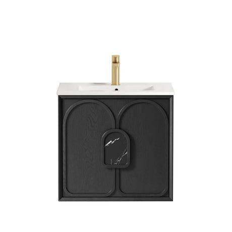 Black bathroom vanity with white countertop and gold faucet on a white background