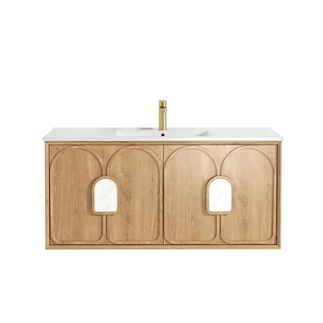 Wooden bathroom vanity with white countertop and gold faucet on a white background