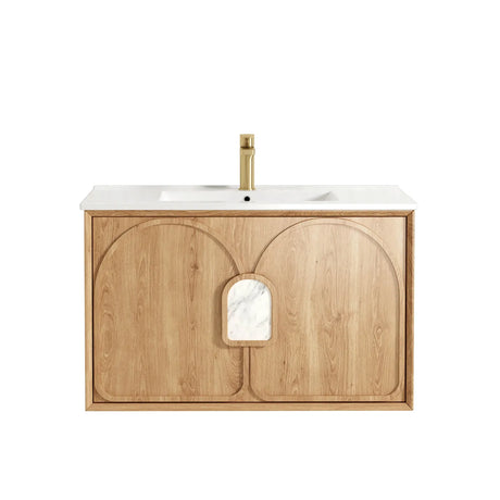 Wooden bathroom vanity with white countertop and gold faucet on a white background