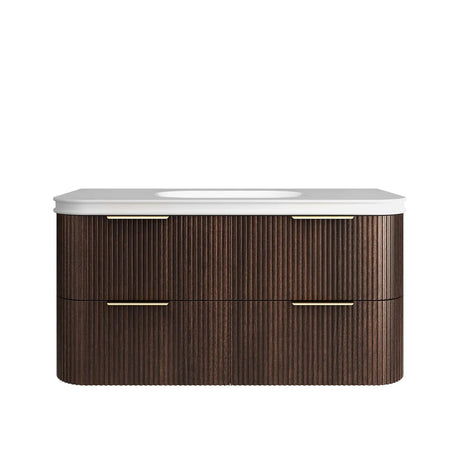 Wooden vanity with white countertop on a white background