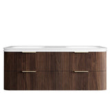 Wooden bathroom vanity with white countertop on a white background