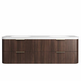 Wooden bathroom vanity with white countertop on a white background