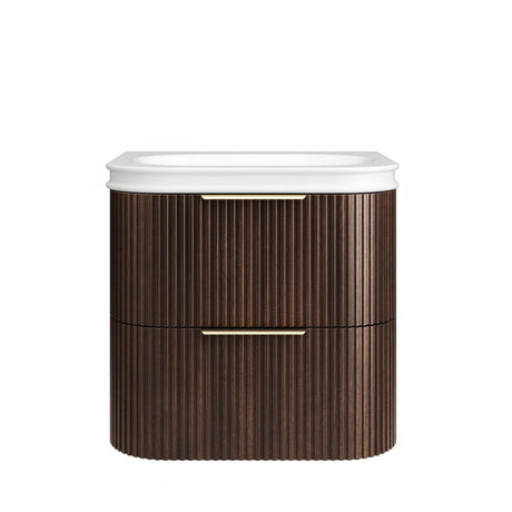 Wooden vanity unit with white countertop on a white background