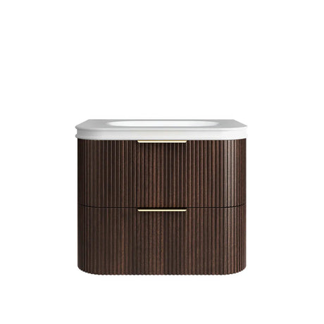 Bathroom vanity with wooden finish and white countertop on a white background