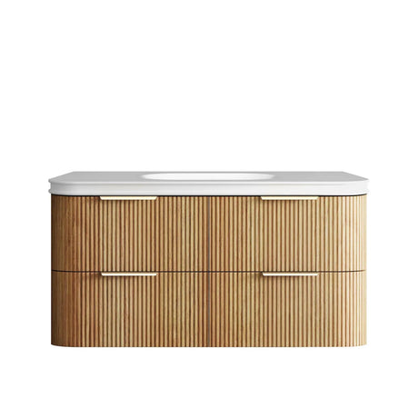 Bathroom vanity with wooden finish and white countertop on a white background