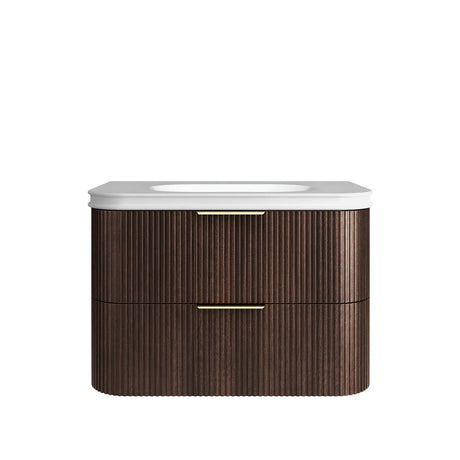 Wooden bathroom vanity with white countertop on a white background
