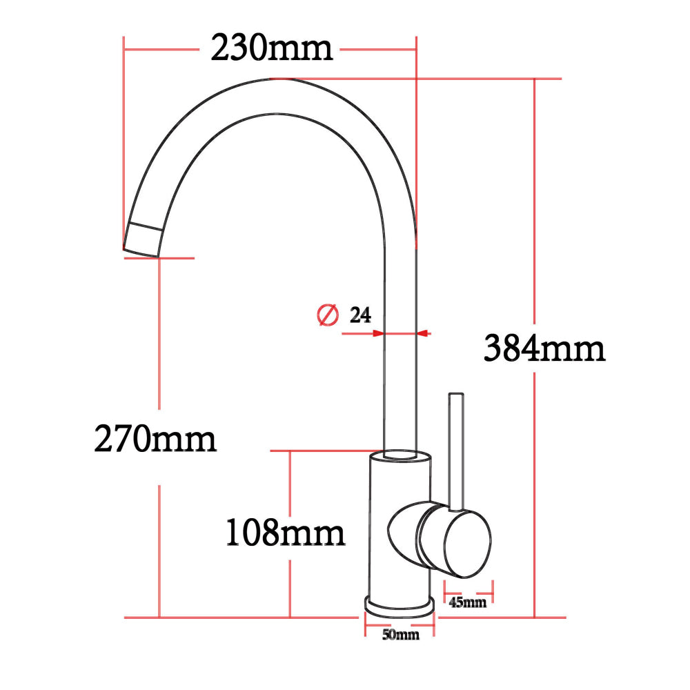 Measurement diagram of a kitchen faucet with dimensions labeled.