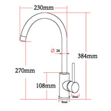 Measurement diagram of a kitchen faucet with dimensions labeled.