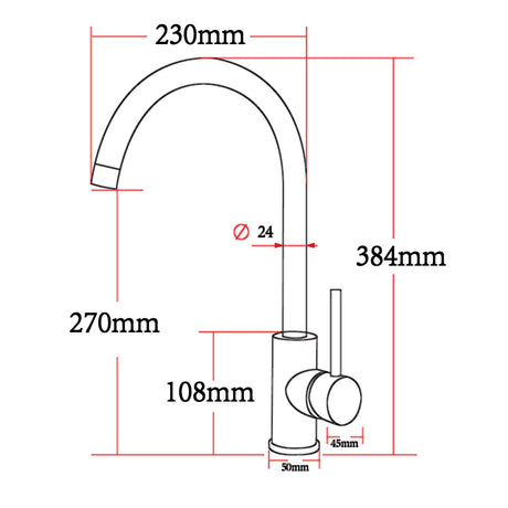 Measurement diagram of a kitchen faucet with dimensions labeled.