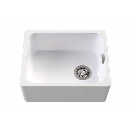A white square farmhouse-style kitchen sink with a recessed basin, a stainless steel drain, and a side handle cutout, shown on a plain white background.
