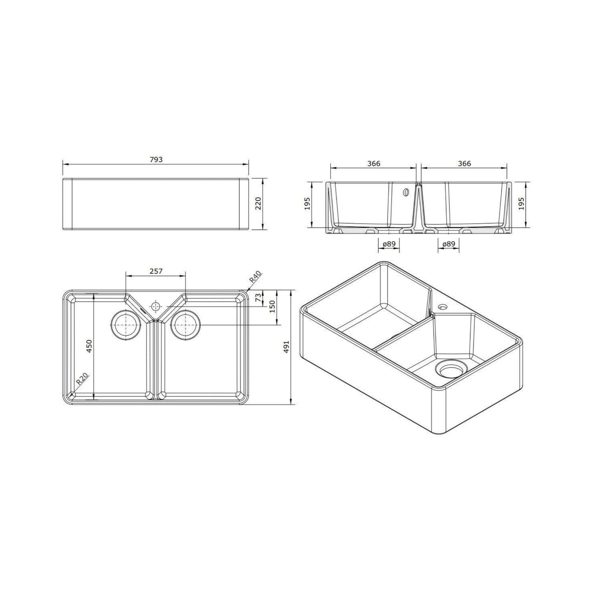 Chester 80 x 50 Double Flat Fine Fireclay Butler Sink with Taphole and Overflow