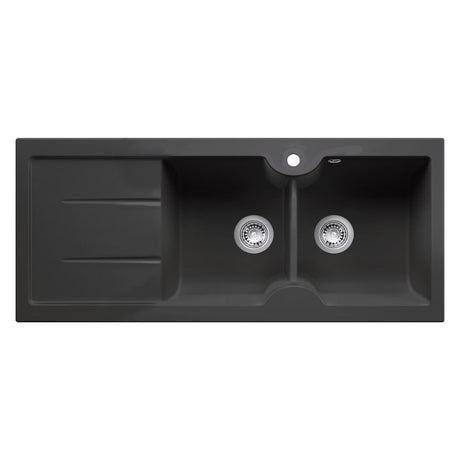 A matte black double basin kitchen sink with a left-side drainboard tray and two chrome drain strainers, shown against a plain white background.