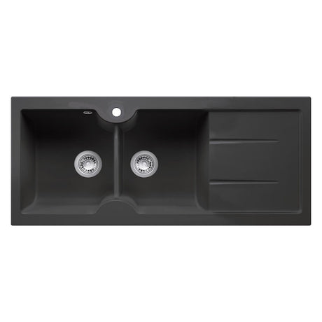 A black double basin kitchen sink with a right-side integrated drain tray, shown from a top-down perspective on a white background.