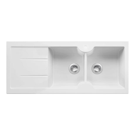 A white double-bowl kitchen sink with a left-side drainboard tray, shown from a top-down perspective on a solid white background.