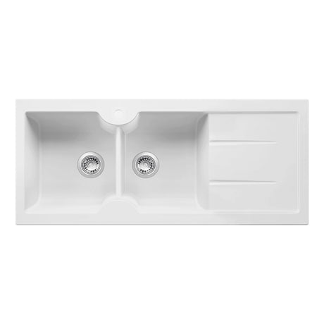A white double-basin kitchen sink with a right-side drainboard tray, shown from a top-down perspective on a solid white background.