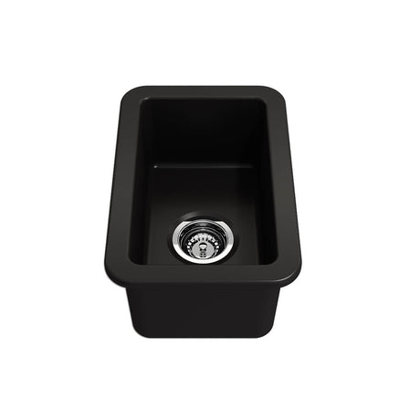 A matte black rectangular undermount kitchen sink with a polished chrome drain, shown from a top-down perspective on a solid white background.