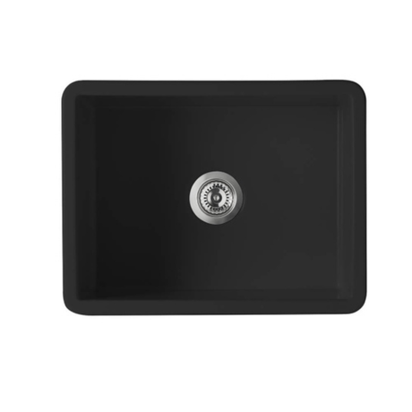 A black rectangular farmhouse-style kitchen sink with a rounded apron front and a central metal drain, shown against a plain white background.