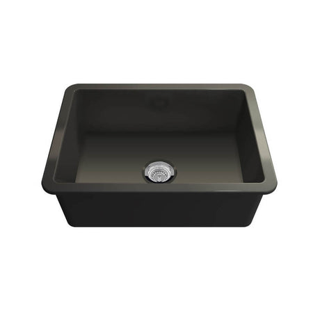 Black kitchen sink with drain on a white background