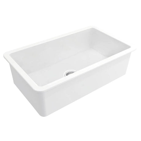 A white rectangular apron-front sink with a rounded rim and a visible drain, shown on a plain white background.